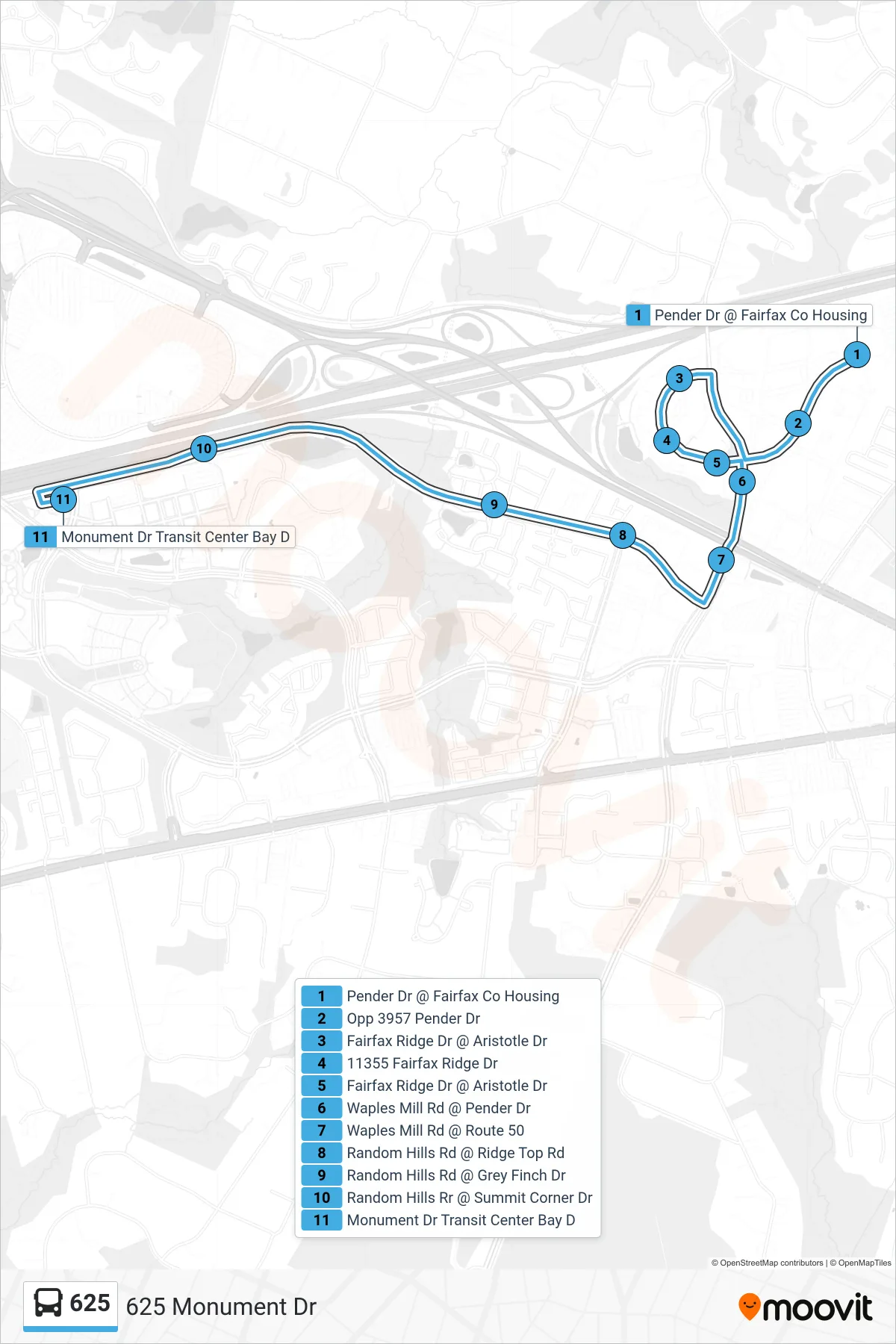 625 bus Line (625 Monument Dr) route and stops on a map
