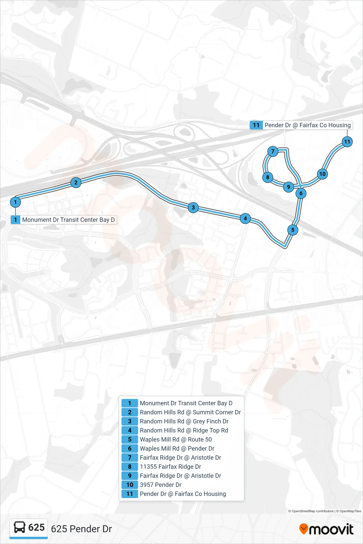 625 bus Line (625 Pender Dr) route and stops on a map