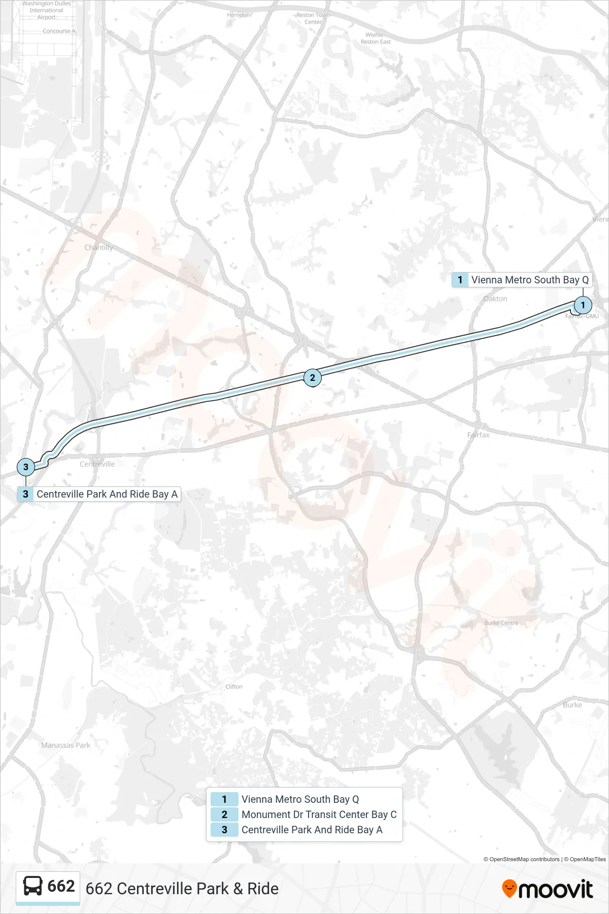 662 bus Line (662 Centreville Park & Ride) route and stops on a map