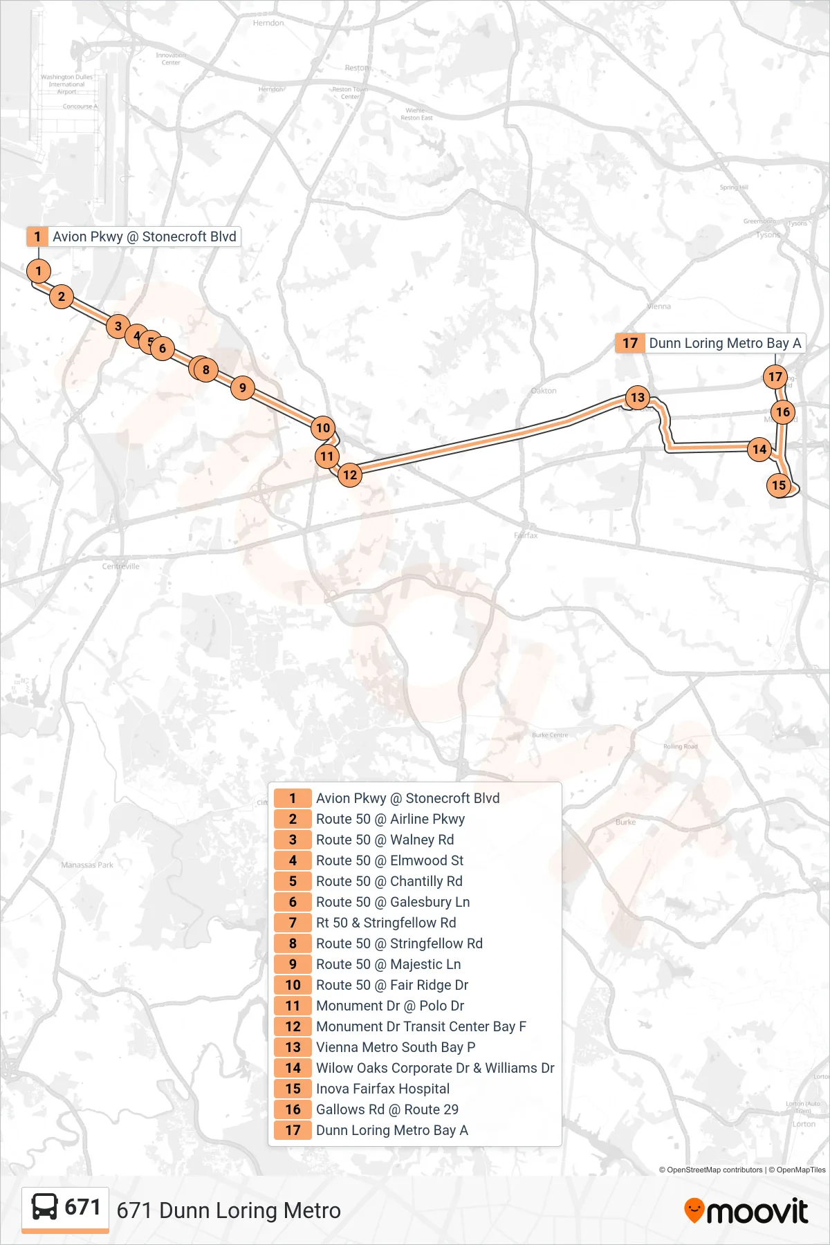 671 bus Line (671 Dunn Loring Metro) route and stops on a map