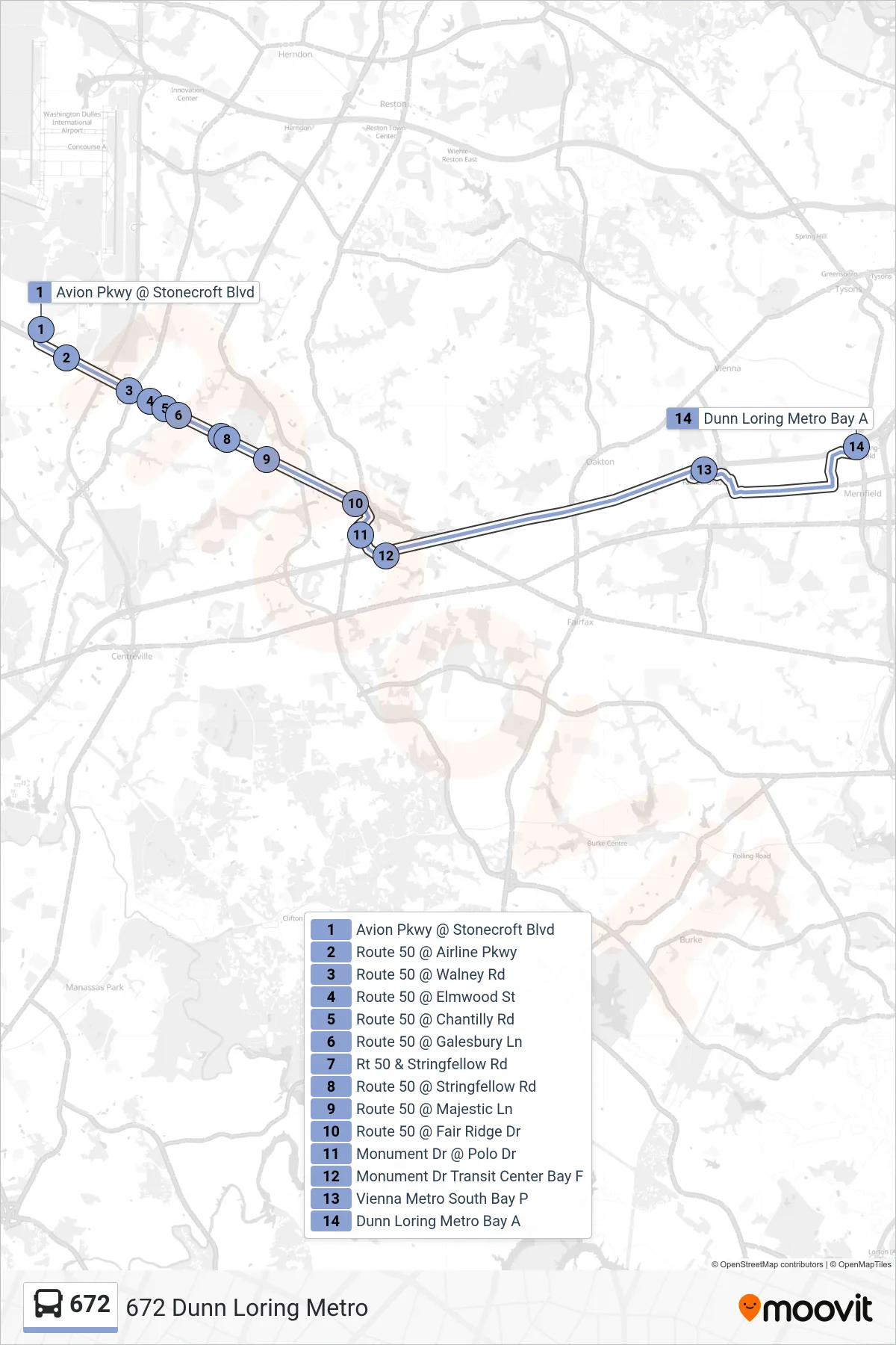 672 bus Line (672 Dunn Loring Metro) route and stops on a map