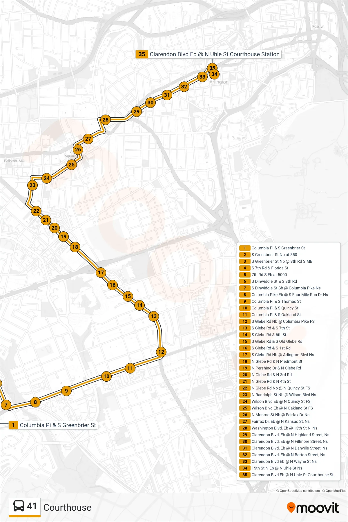 41 bus Line (Courthouse) route and stops on a map