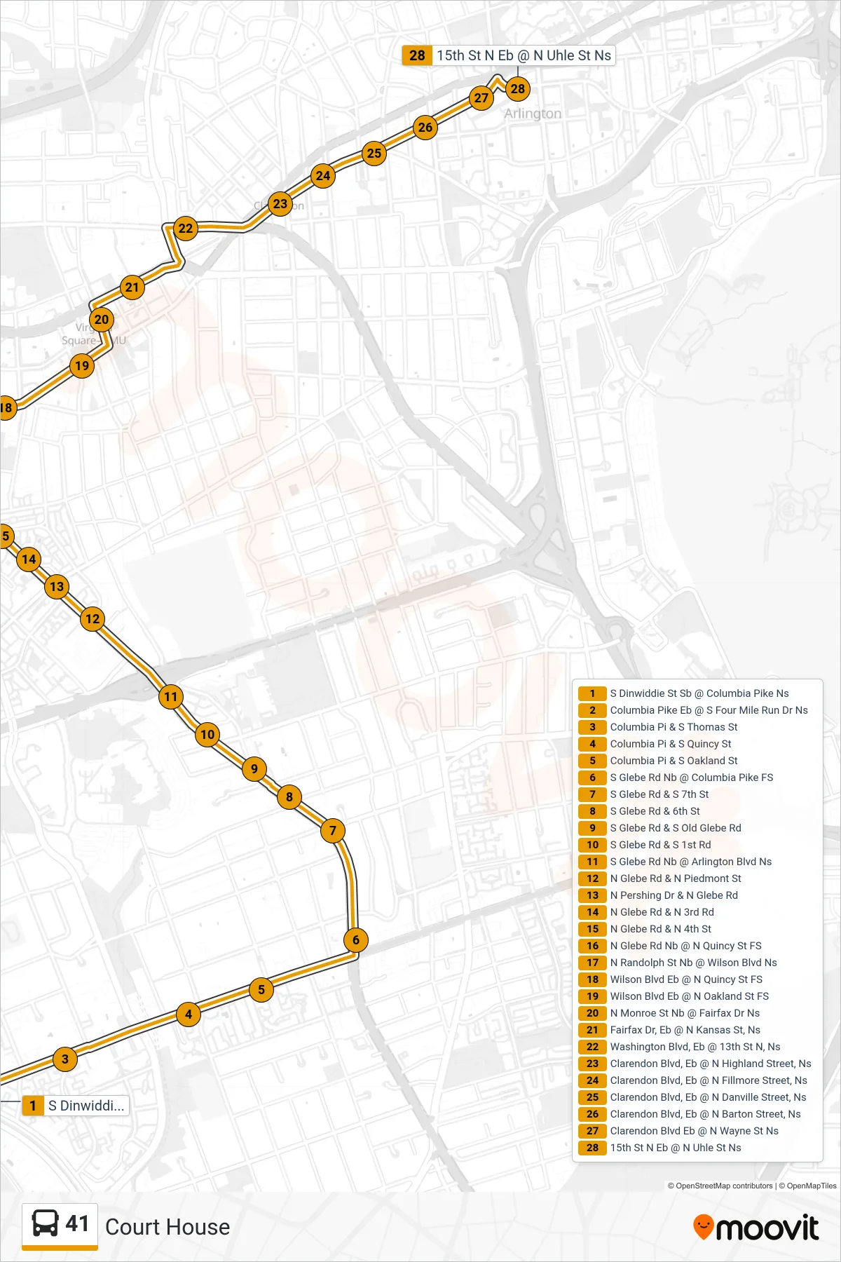 41 bus Line (Court House) route and stops on a map