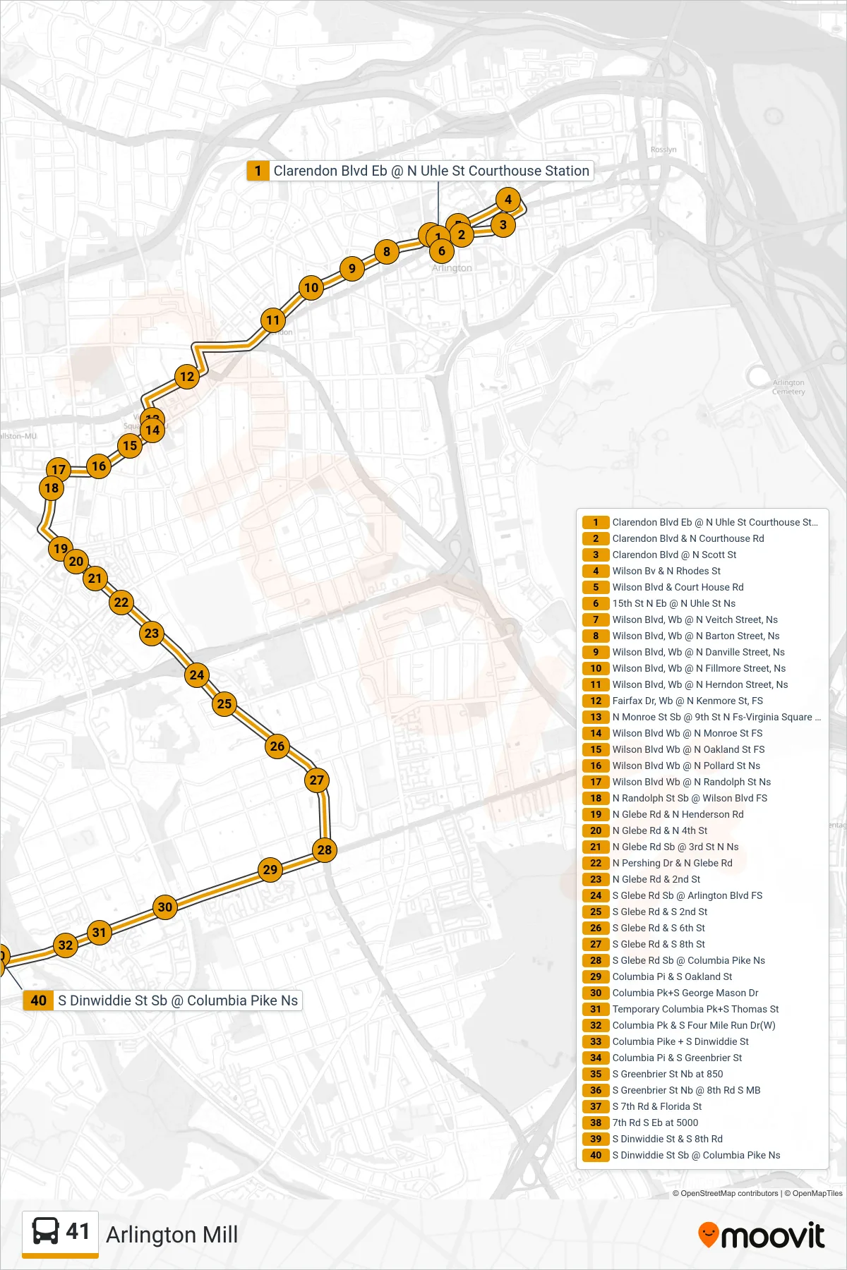 41 bus Line (Arlington Mill) route and stops on a map
