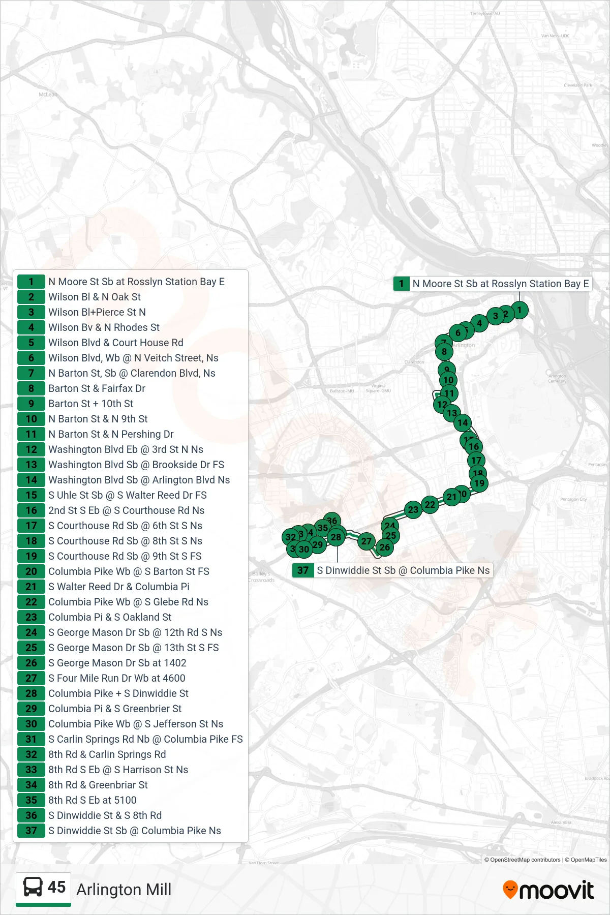 45 bus Line (Arlington Mill) route and stops on a map