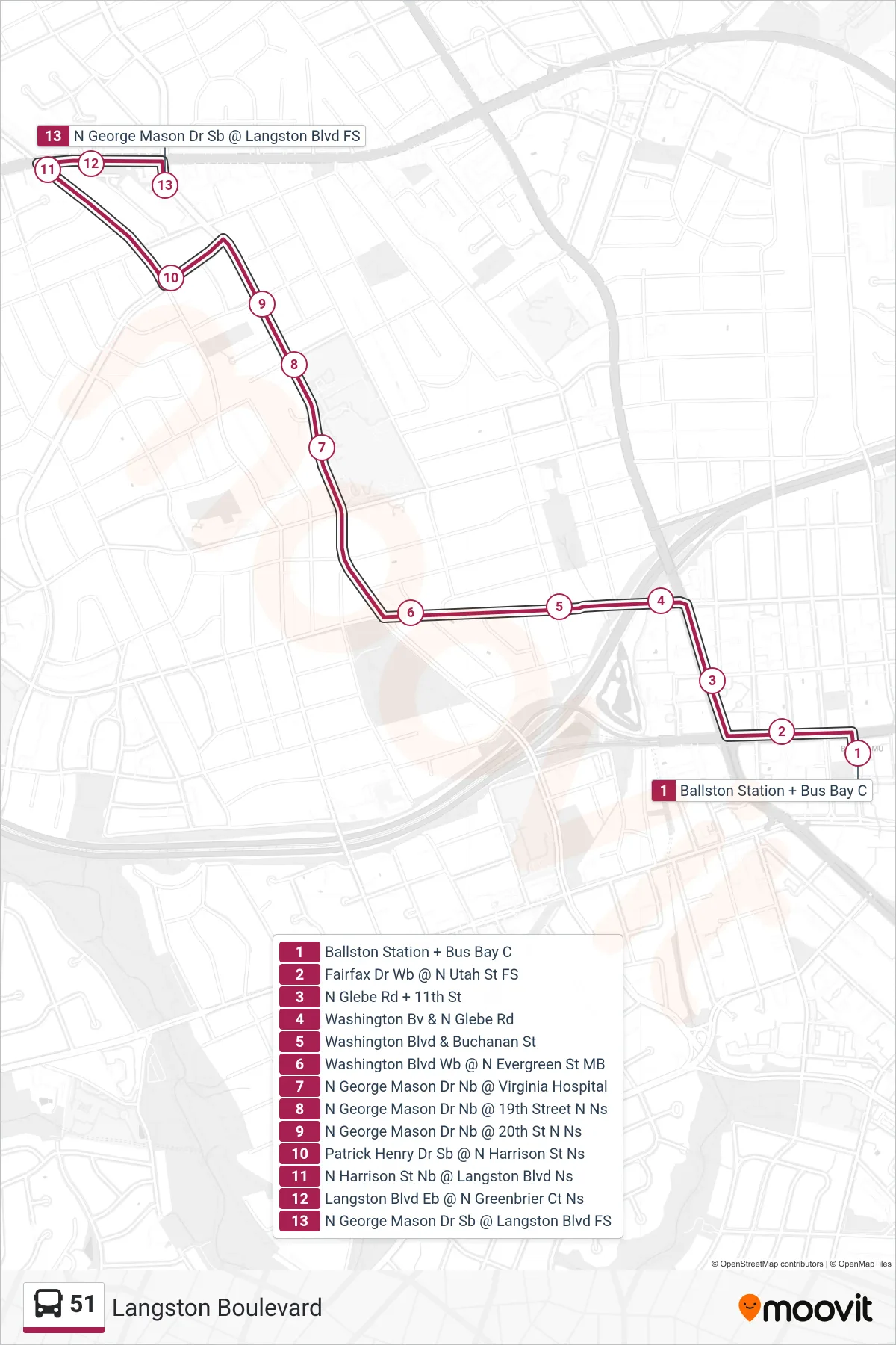 51 bus Line (Langston Boulevard) route and stops on a map