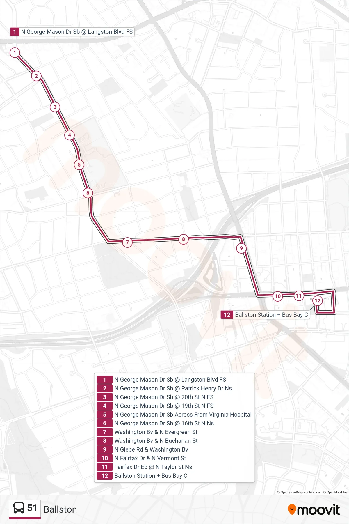 51 bus Line (Ballston) route and stops on a map