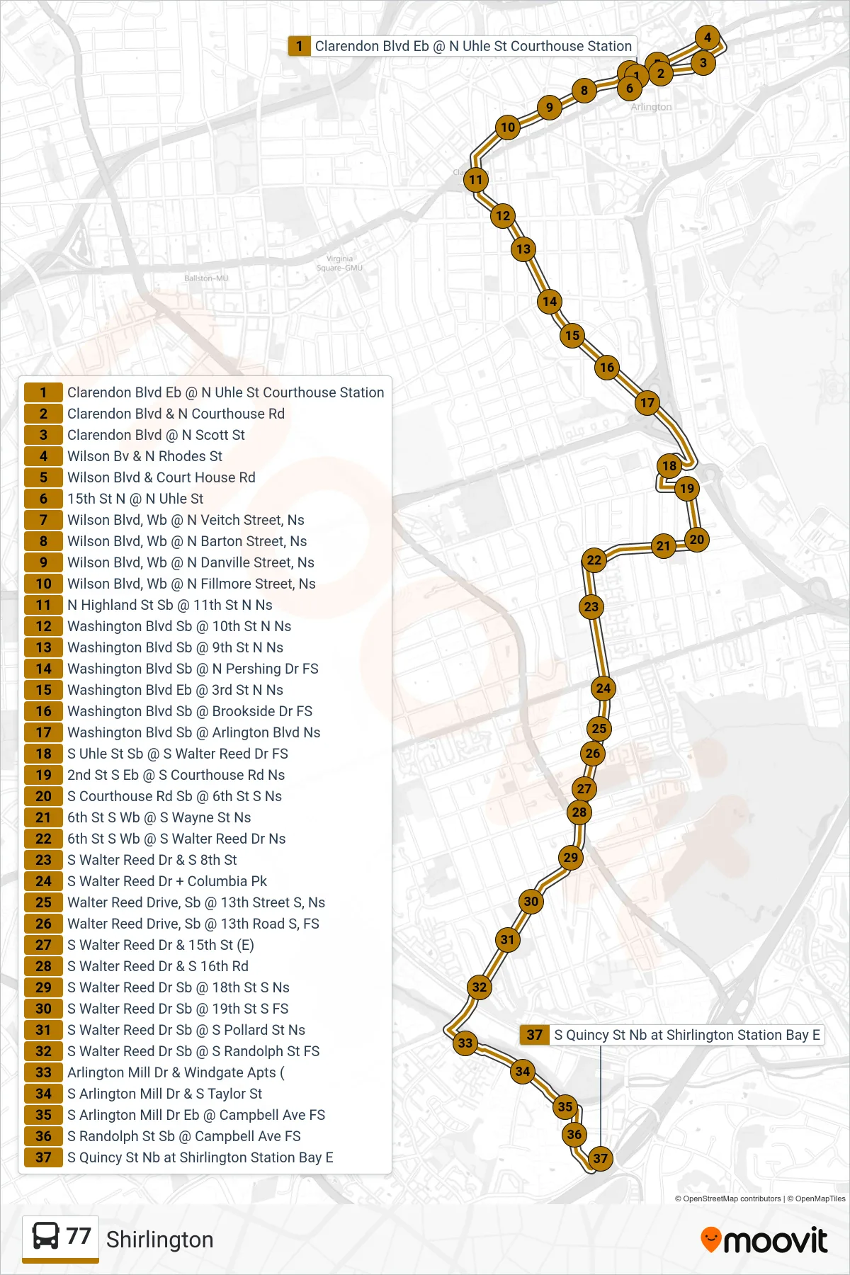 77 bus Line (Shirlington) route and stops on a map