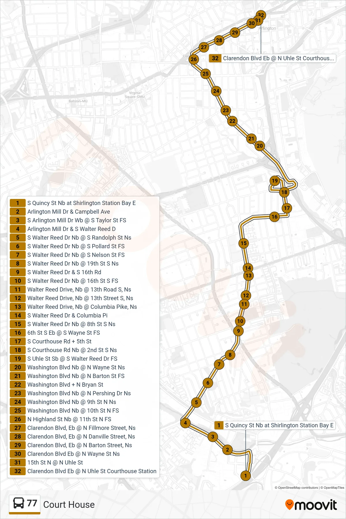 77 bus Line (Court House) route and stops on a map