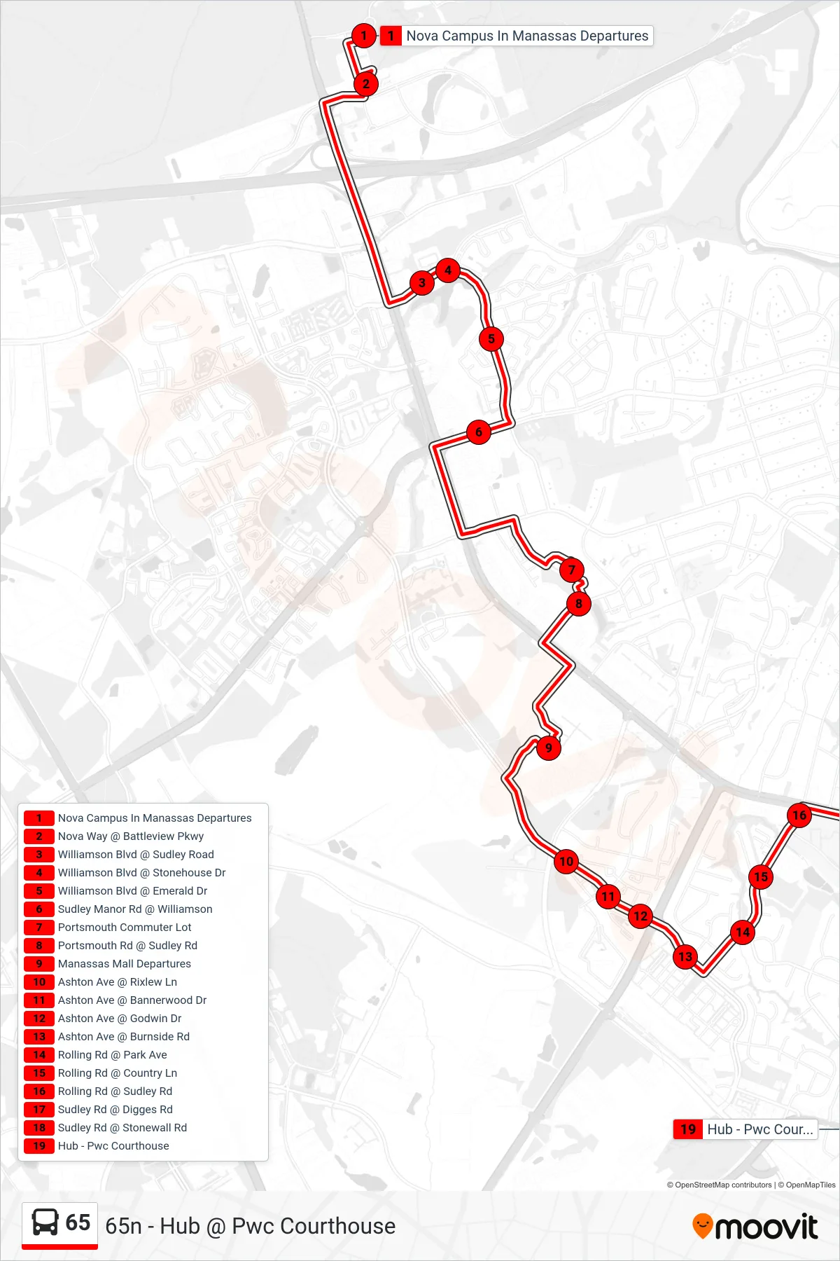 65 bus Line (65n - Hub @ Pwc Courthouse) route and stops on a map