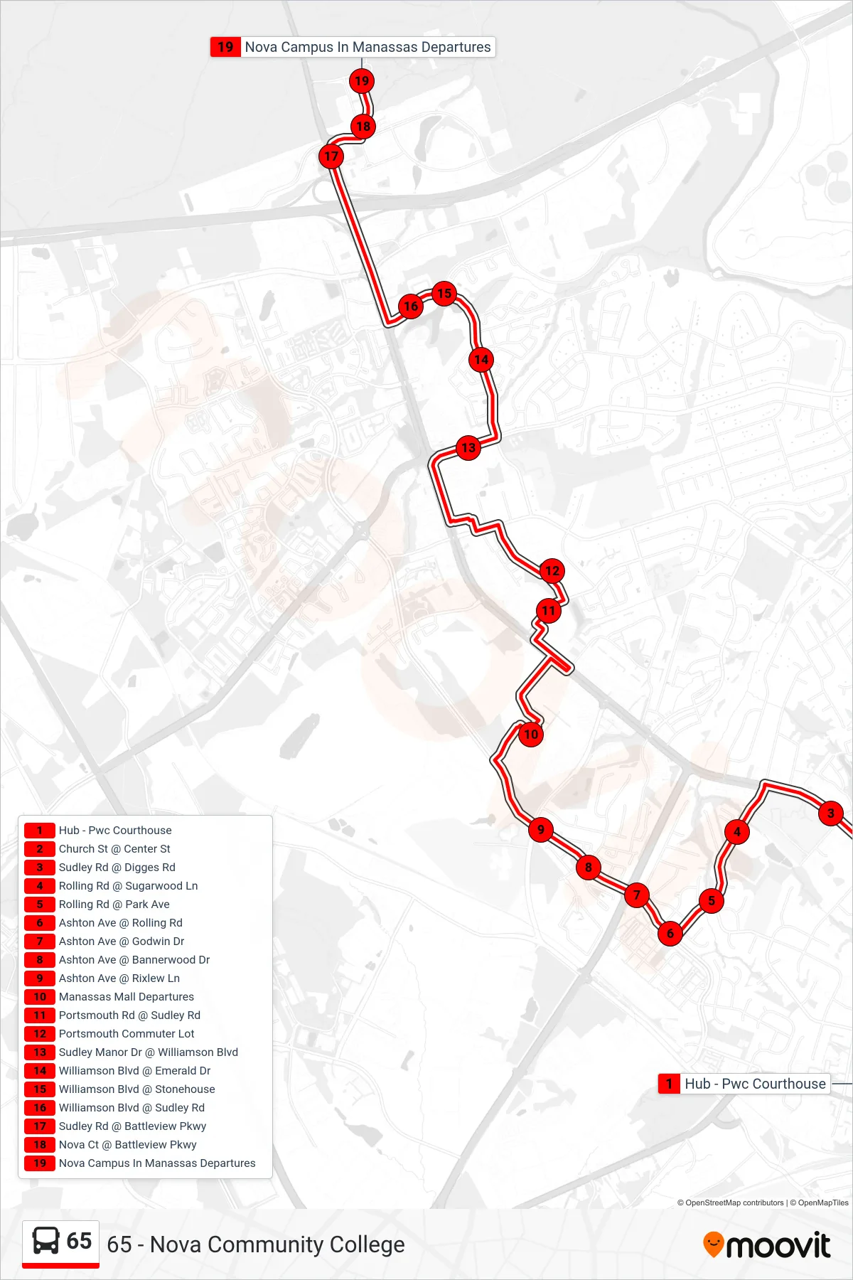 65 bus Line (65 - Nova Community College) route and stops on a map