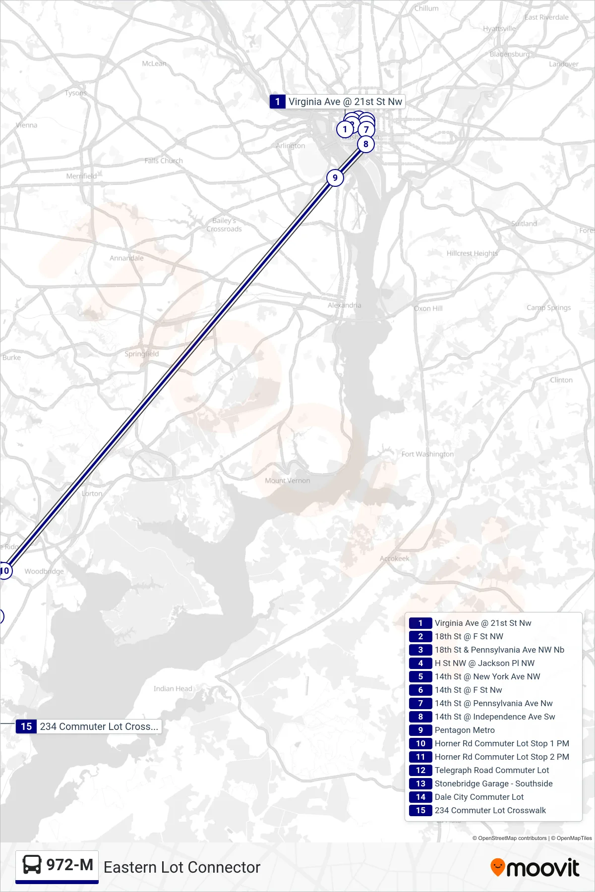972-M bus Line (Eastern Lot Connector) route and stops on a map