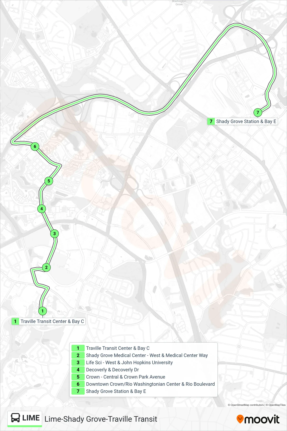 LIME bus Line (Lime Shady Grove) route and stops on a map