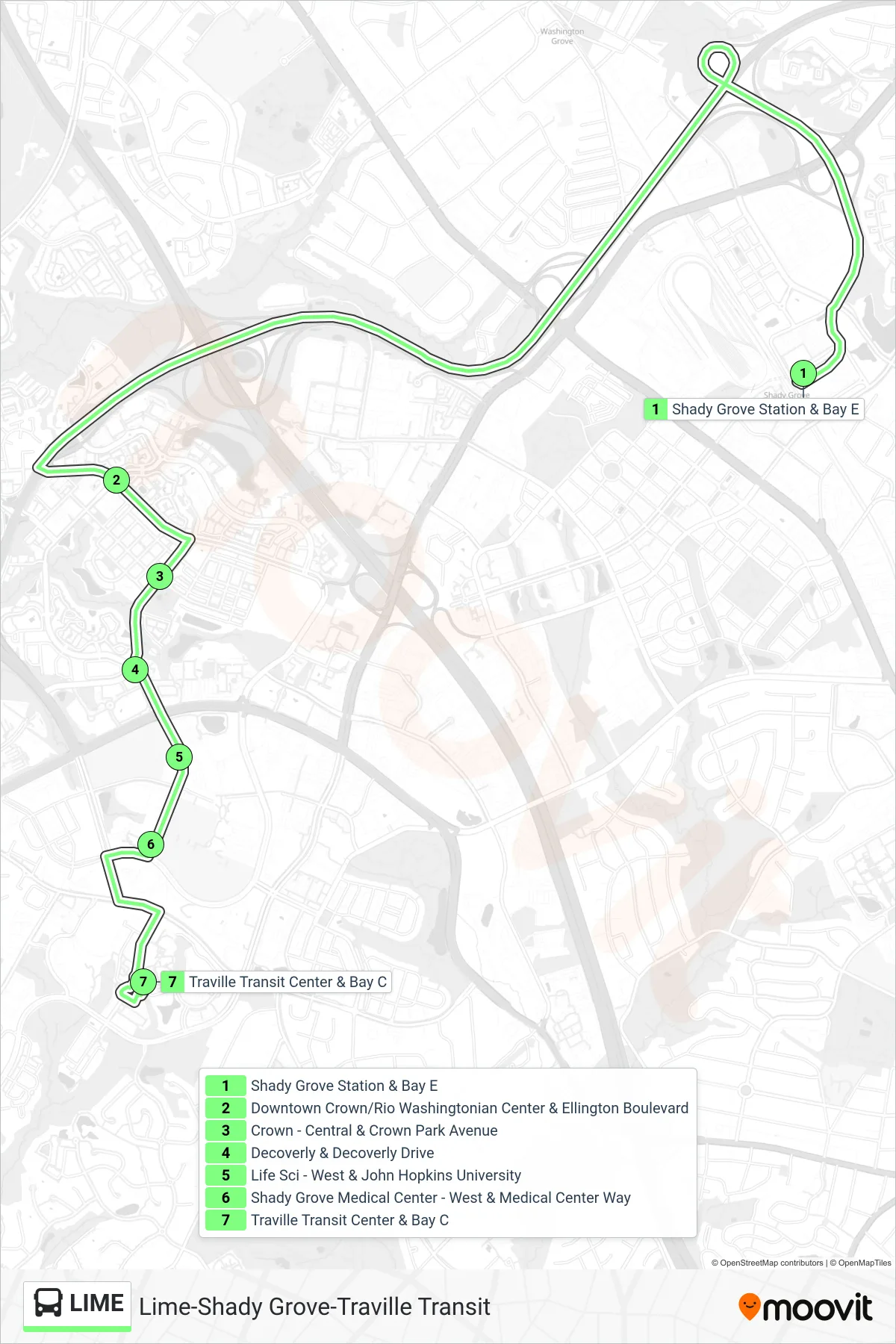 LIME bus Line (Lime Traville) route and stops on a map