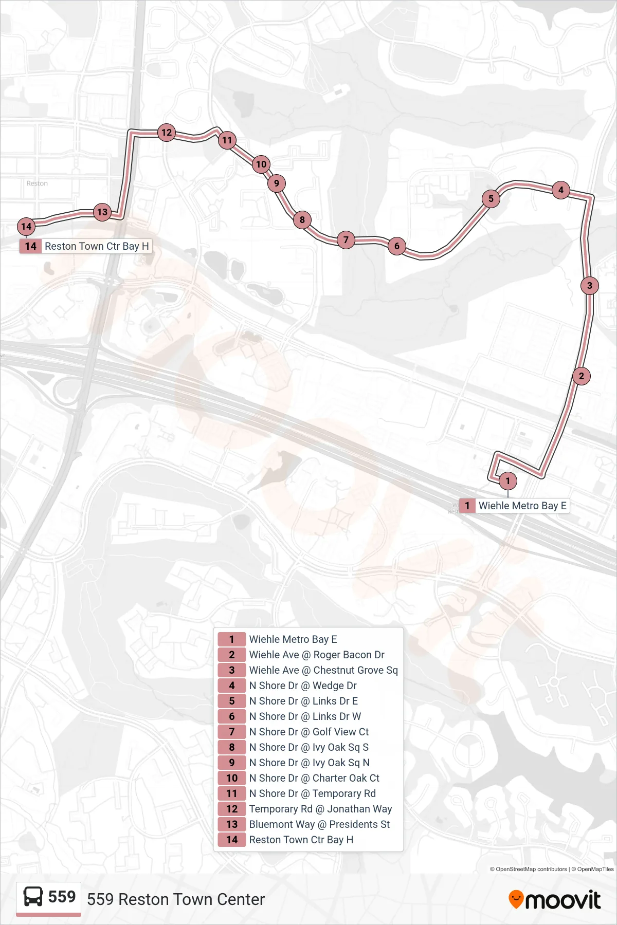 559 bus Line (559 Reston Town Center) route and stops on a map