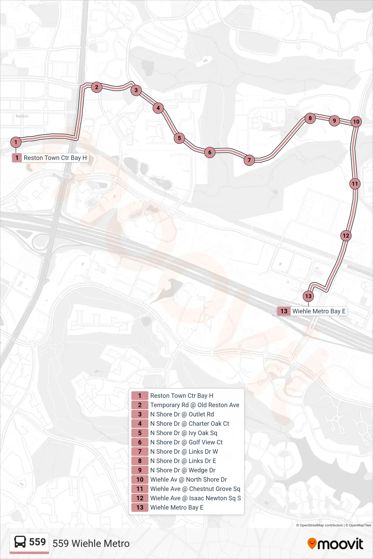 559 bus Line (559 Wiehle Metro) route and stops on a map