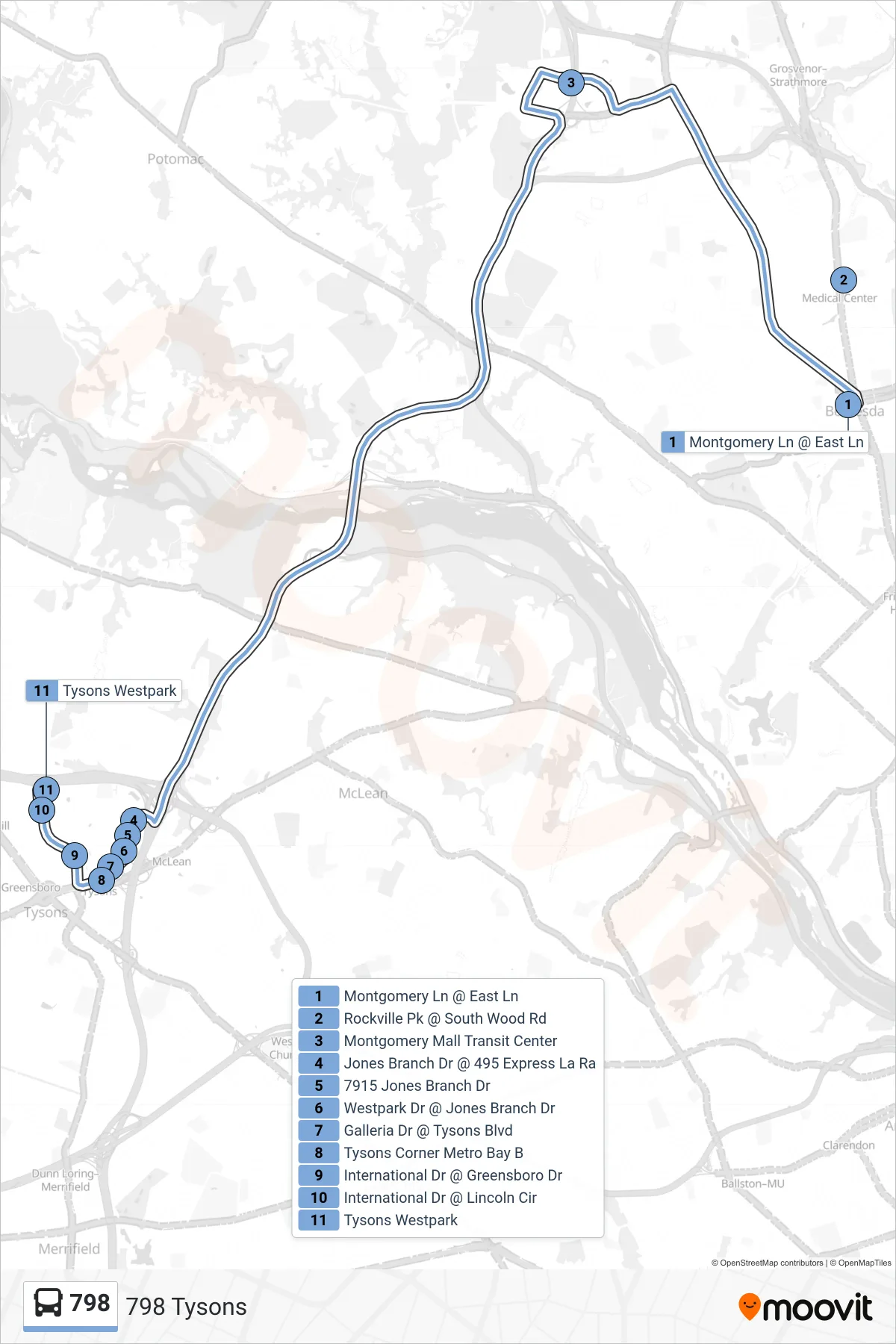 798 bus Line (798 Tysons) route and stops on a map