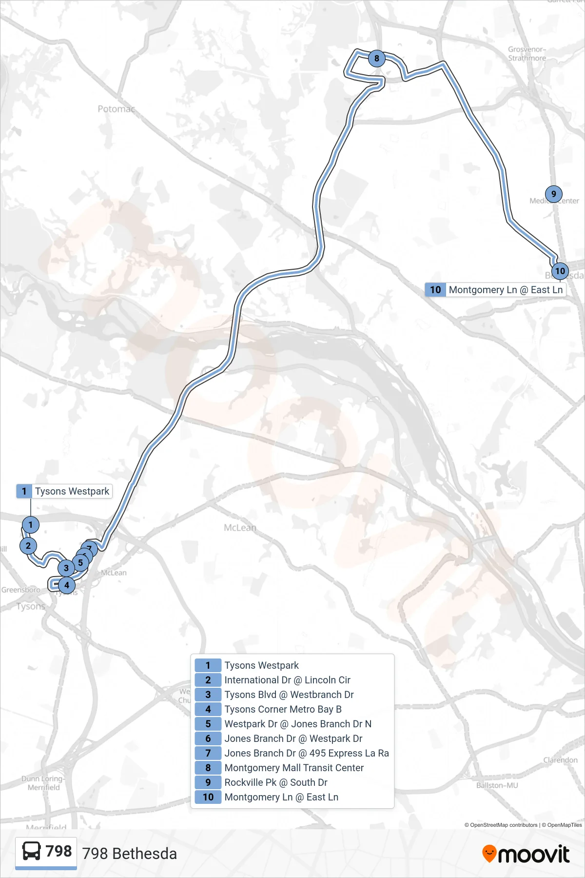 798 bus Line (798 Bethesda) route and stops on a map