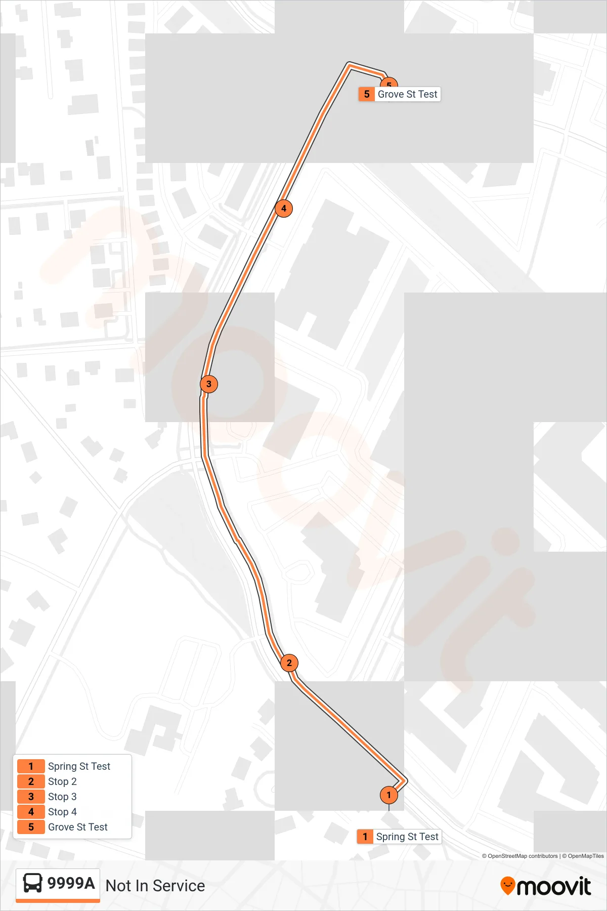 9999A bus Line (Not In Service) route and stops on a map