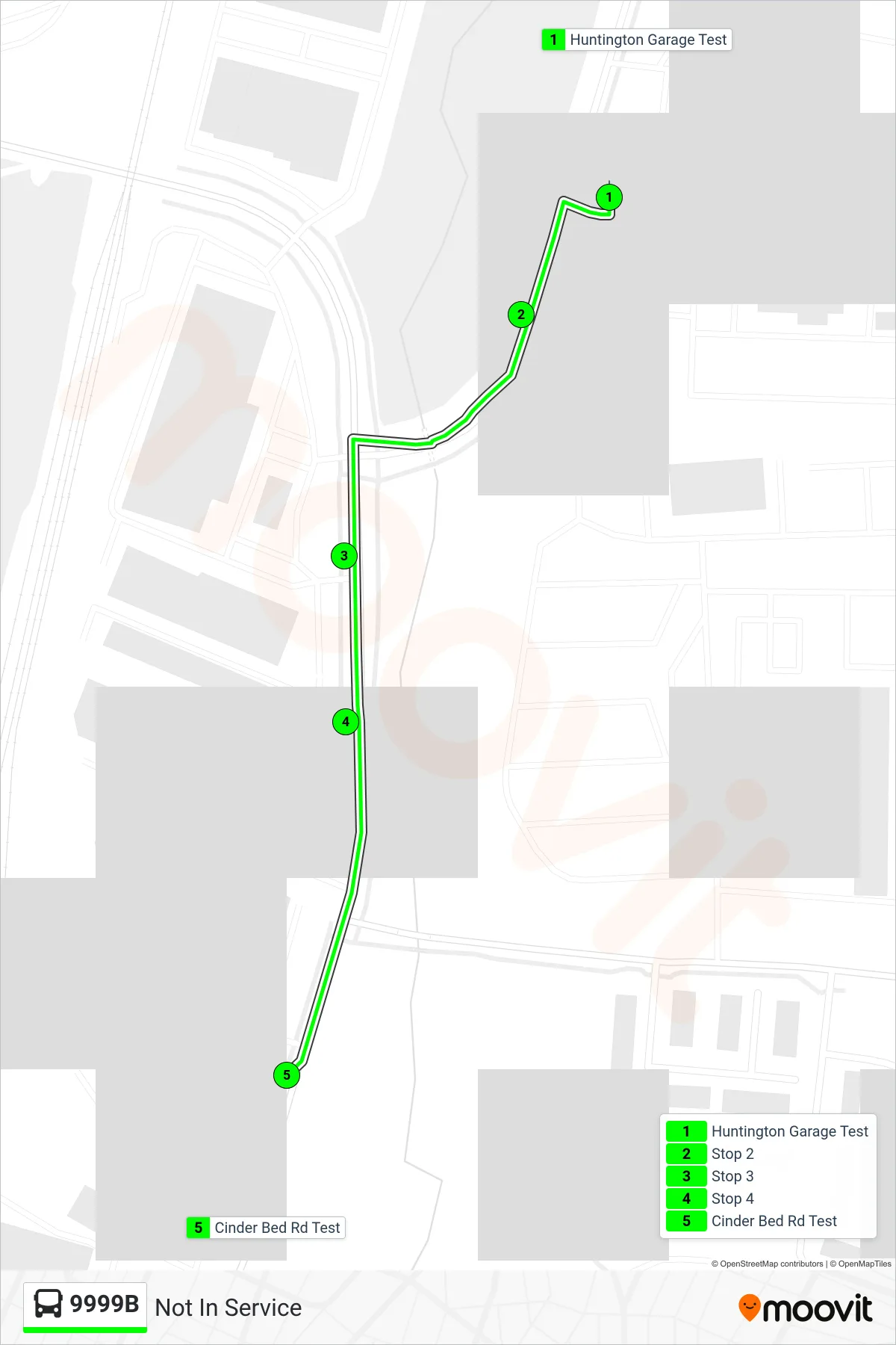 9999B bus Line (Not In Service) route and stops on a map