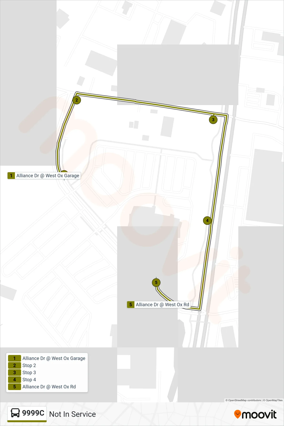 9999C bus Line (Not In Service) route and stops on a map