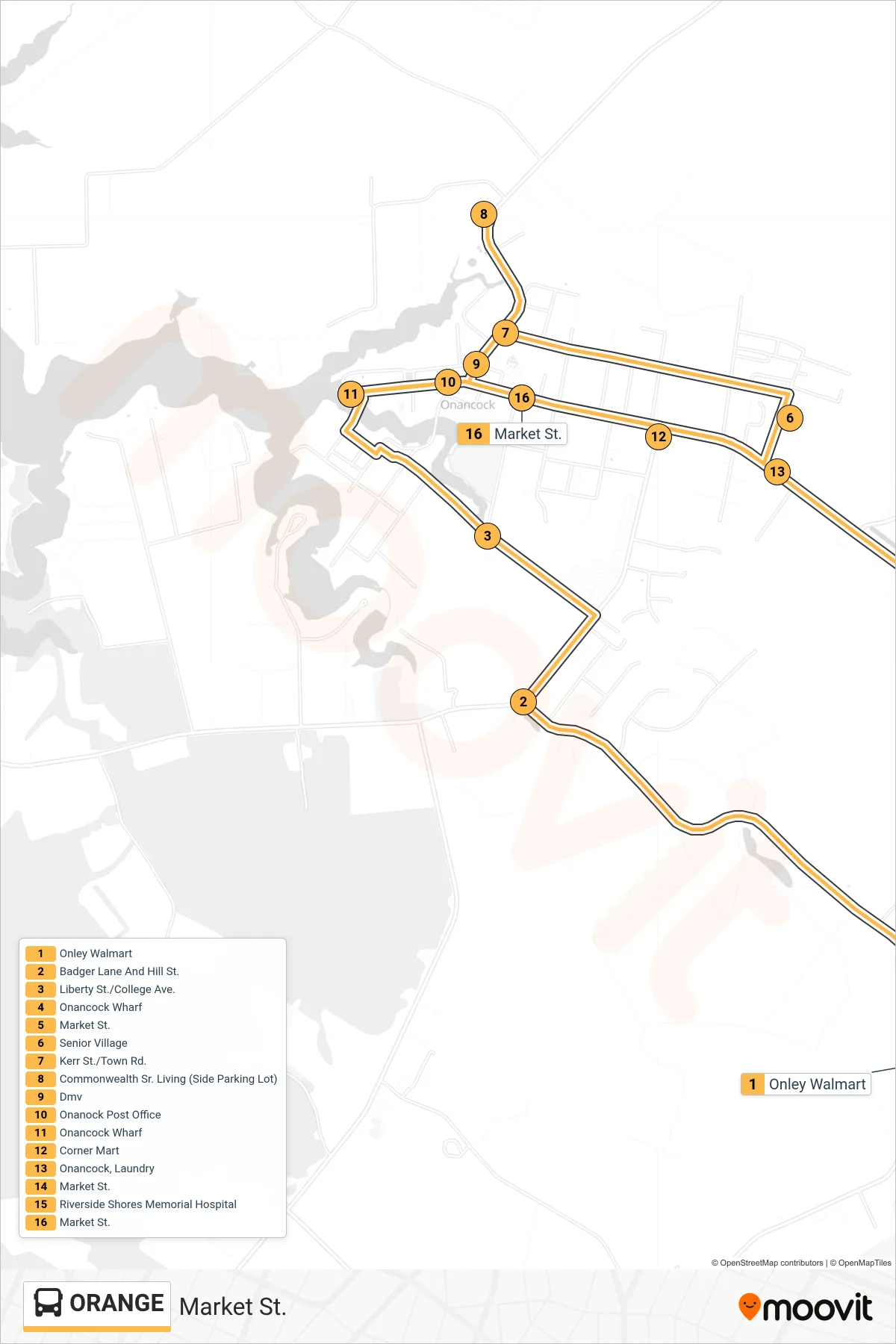 ORANGE bus Line (Market St.) route and stops on a map