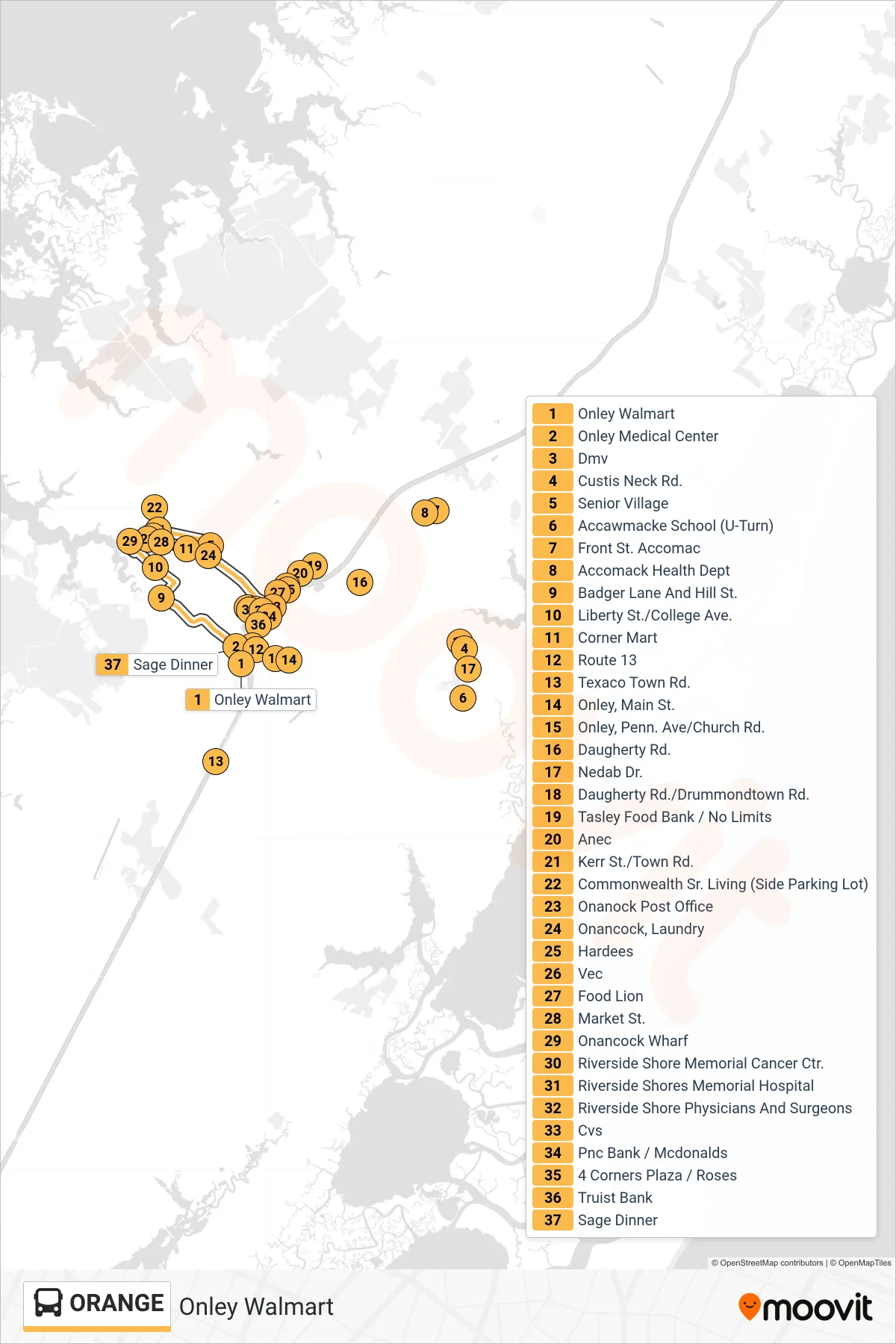 ORANGE bus Line (Onley Walmart) route and stops on a map