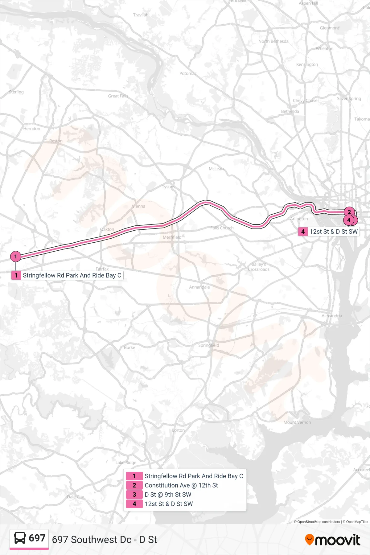 697 bus Line (697 Southwest Dc - D St) route and stops on a map