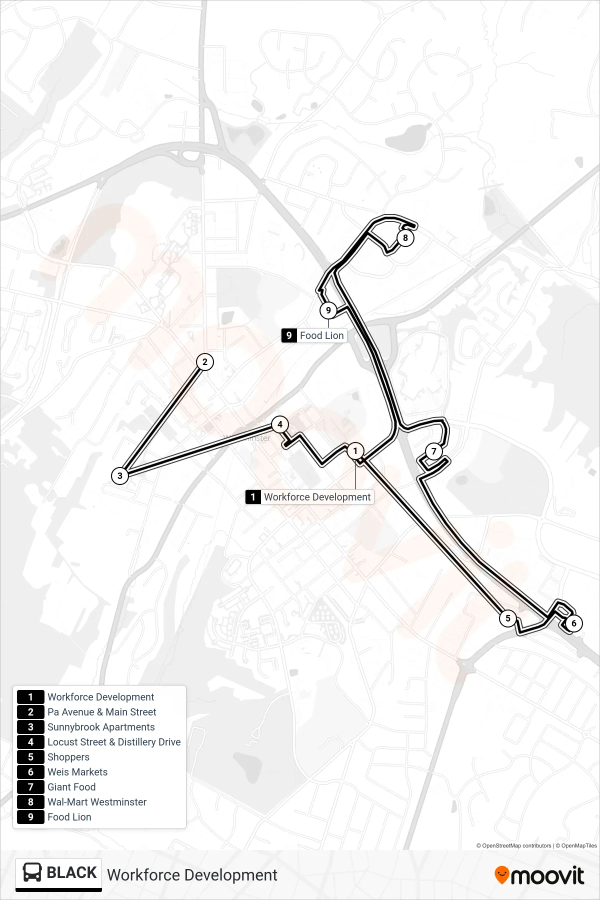 BLACK bus Line (Workforce Development) route and stops on a map