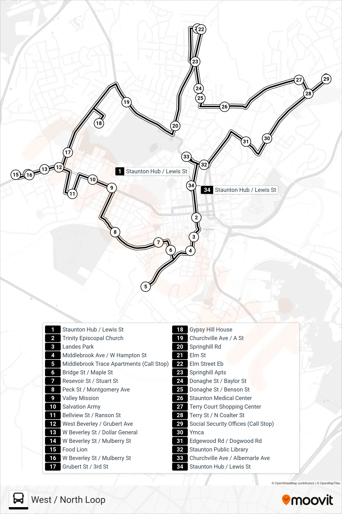 WEST / NORTH LOOP bus Line (West / North Loop) route and stops on a map