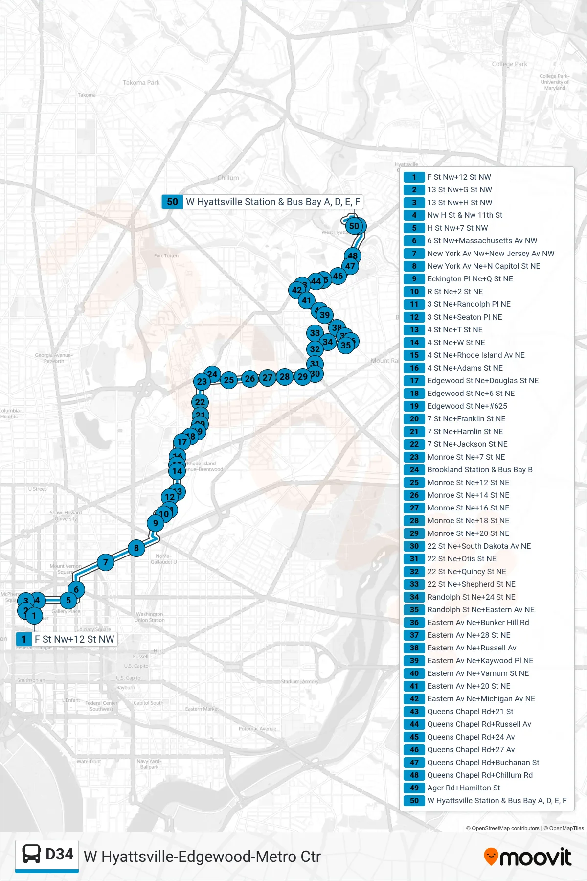 D34 bus Line (North To W Hyattsville) route and stops on a map