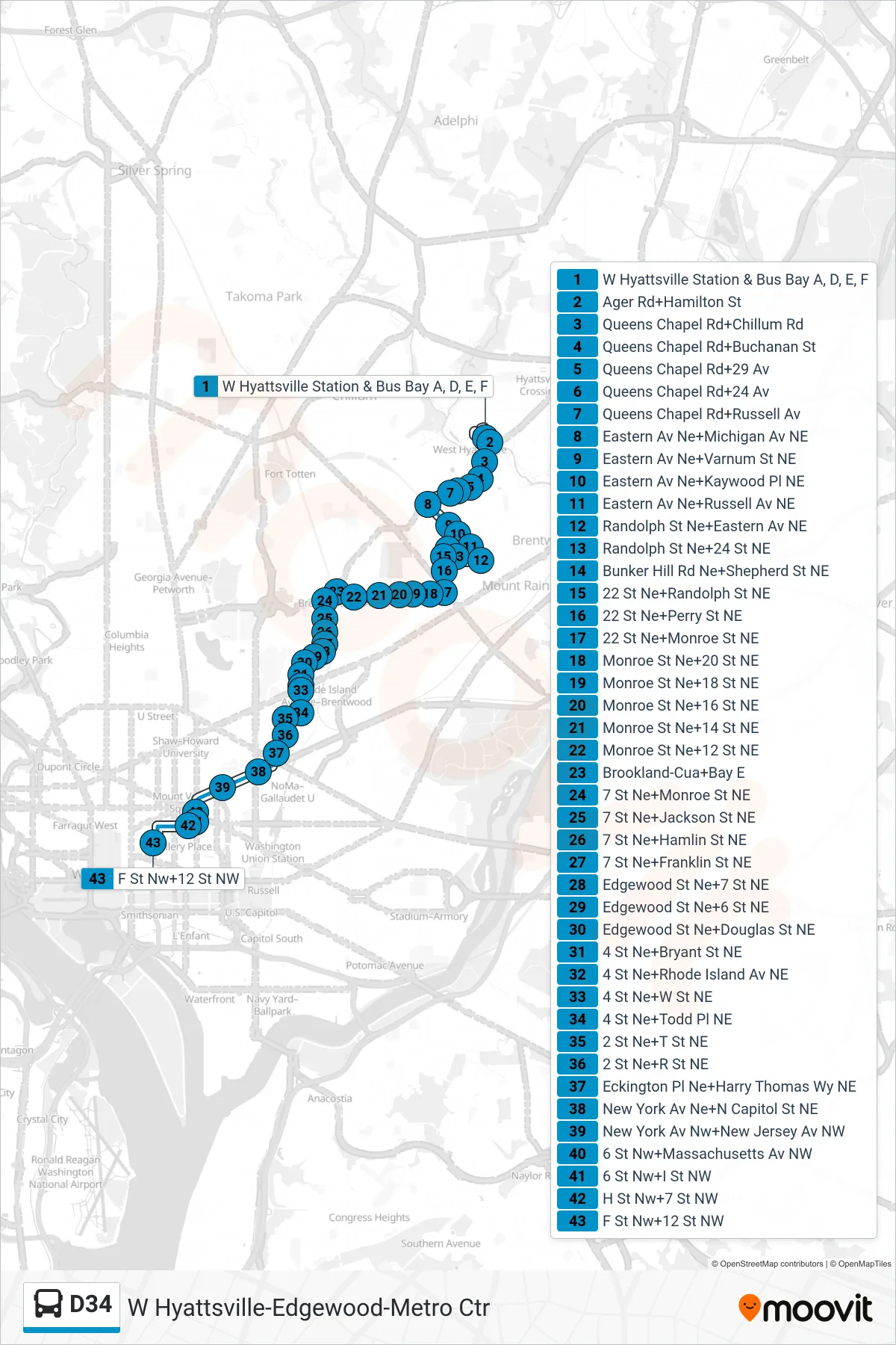 D34 bus Line (South To Metro Center) route and stops on a map