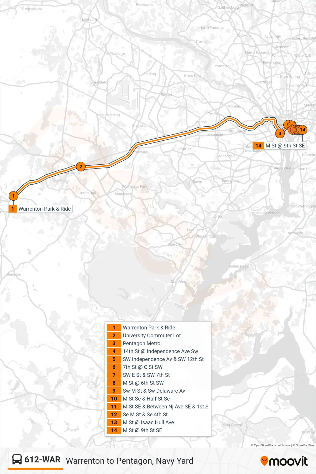 612-WAR bus Line (Gainesville / Pentagon / Navy Yard / L'Enfant Plaza) route and stops on a map
