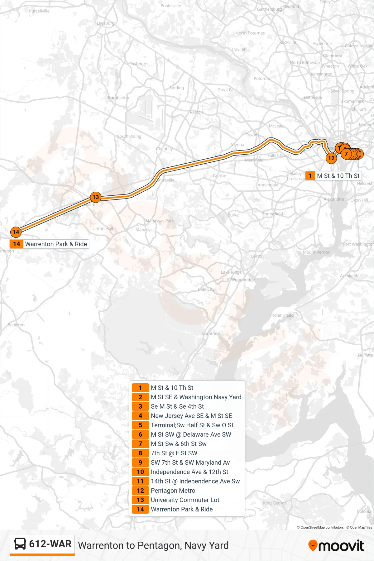 612-WAR bus Line (Warrenton/Gainesville - Xfer Pentagon To Woodbridge/Spotsy) route and stops on a map