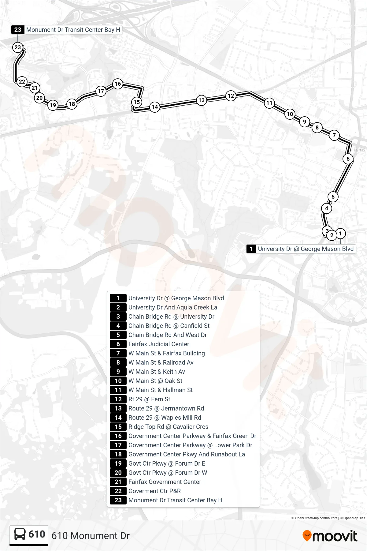 610 bus Line (610 Monument Dr) route and stops on a map