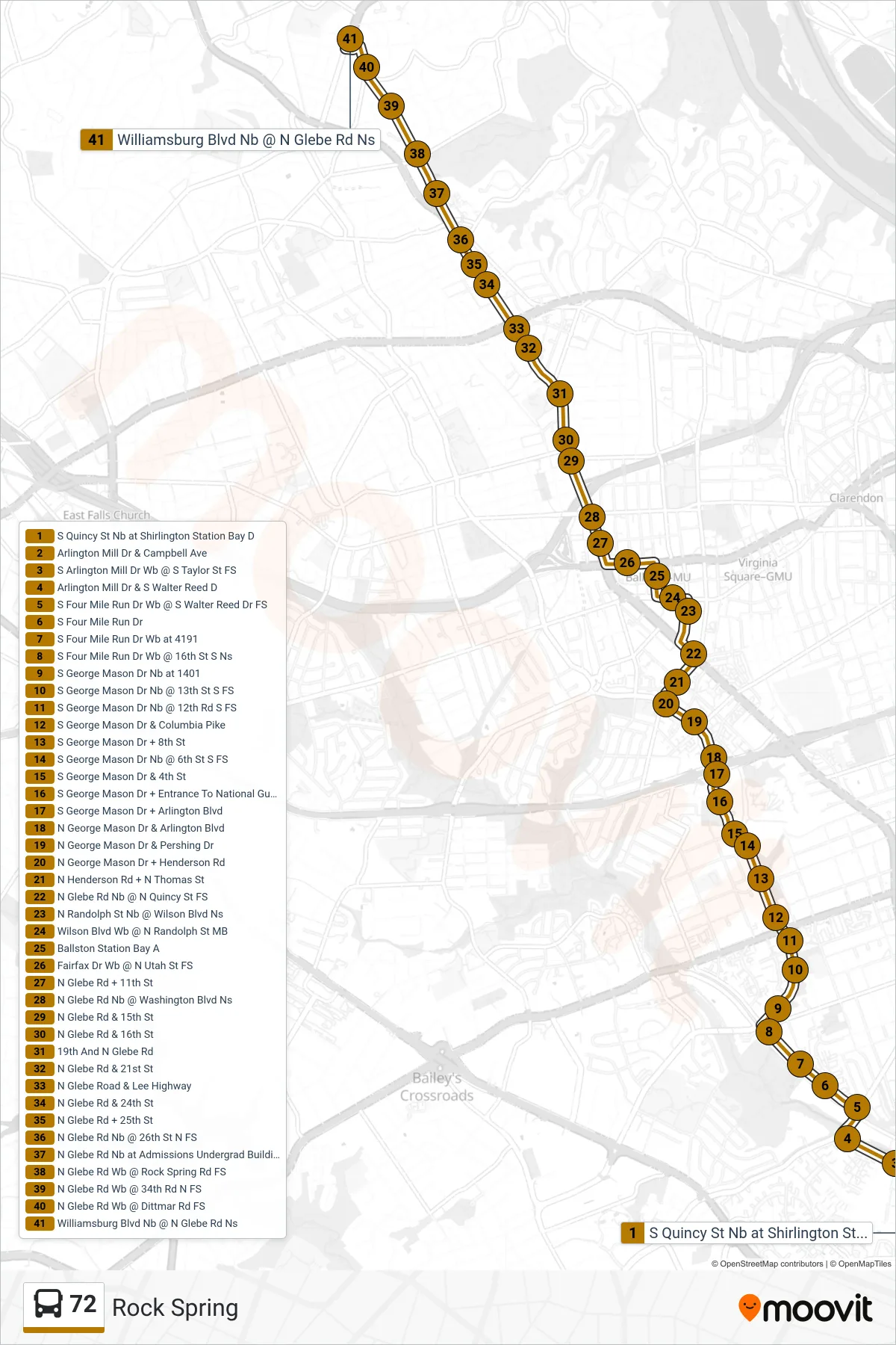 72 bus Line (Rock Spring) route and stops on a map