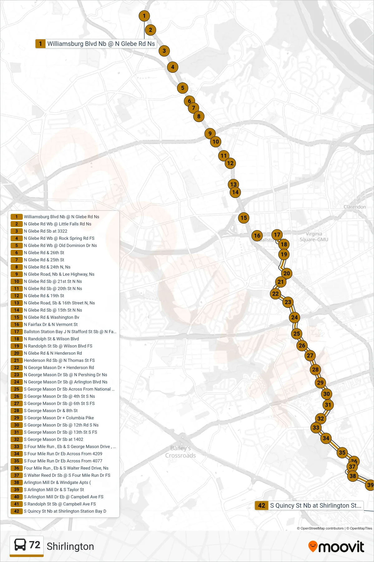 72 bus Line (Shirlington) route and stops on a map