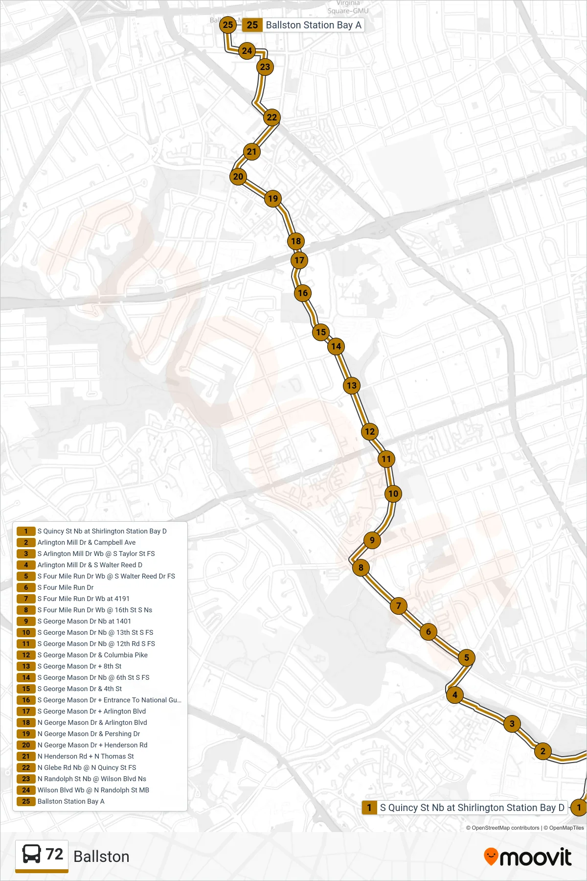 72 bus Line (Ballston) route and stops on a map
