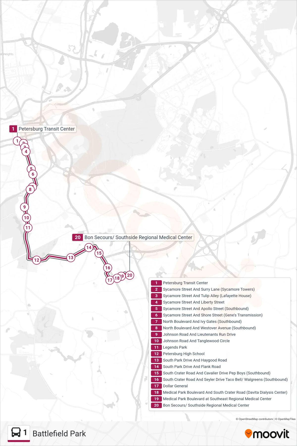 1 bus Line (Battlefield Park) route and stops on a map