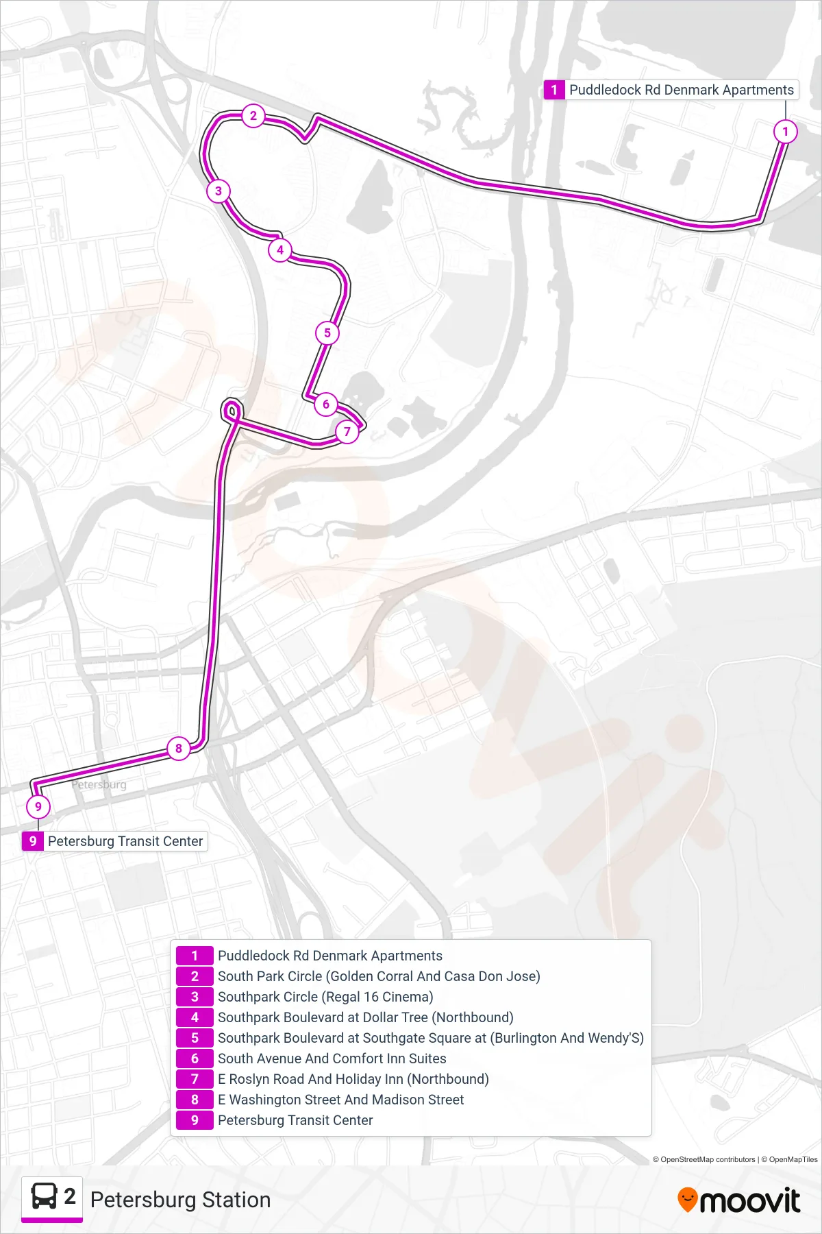 2 bus Line (Petersburg Station) route and stops on a map