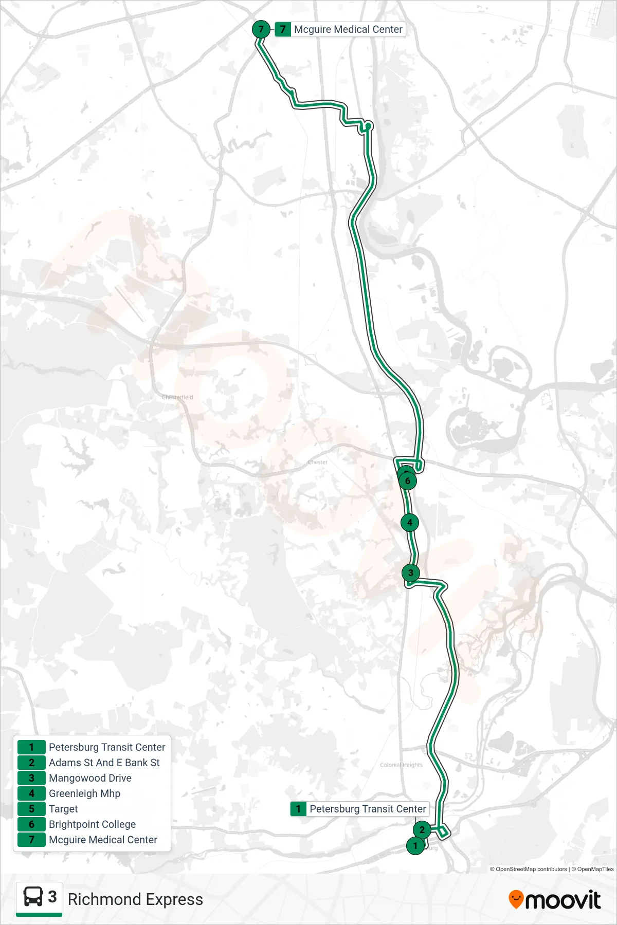3 bus Line (Mcguire Medical Center) route and stops on a map