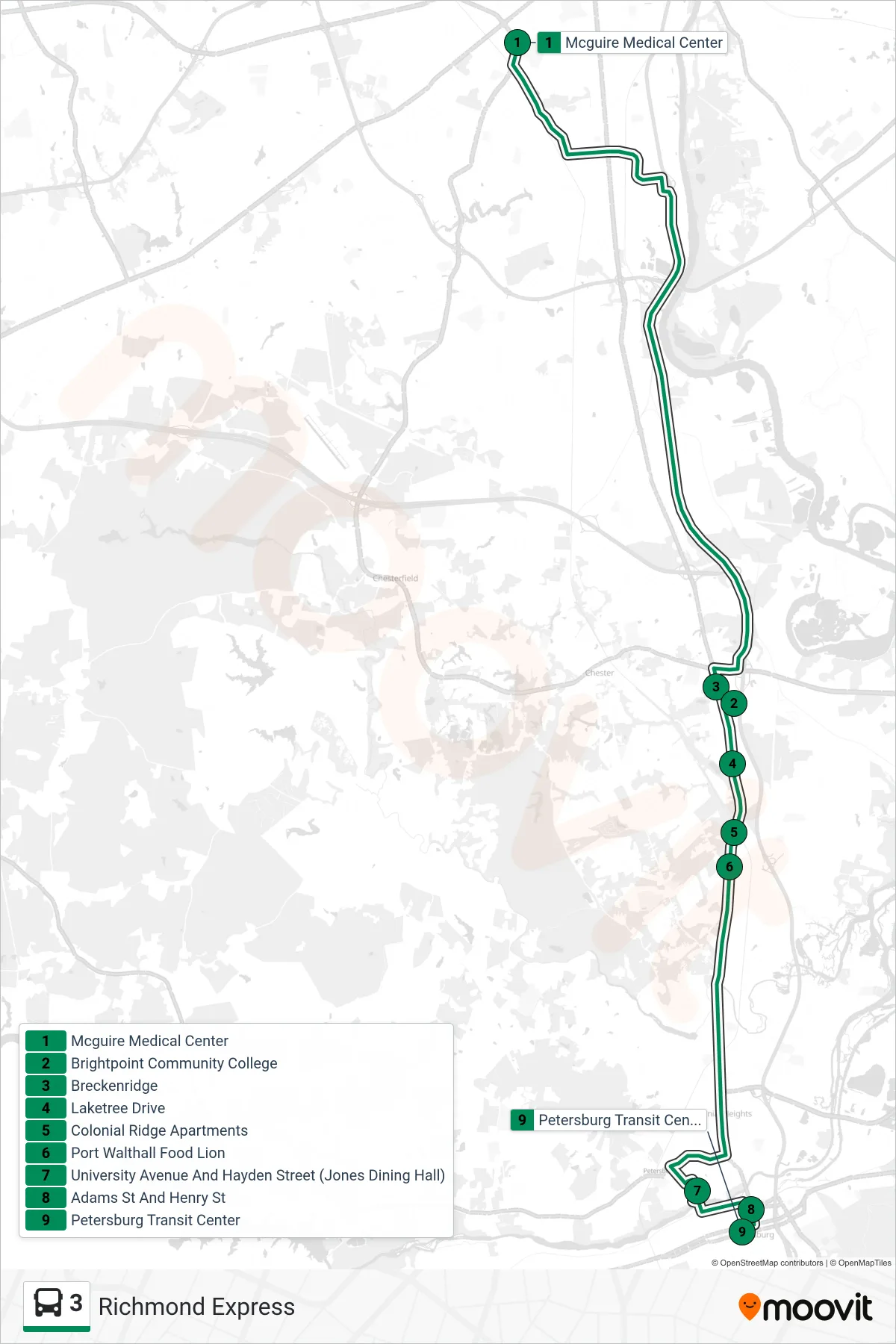 3 bus Line (Petersburg Station) route and stops on a map
