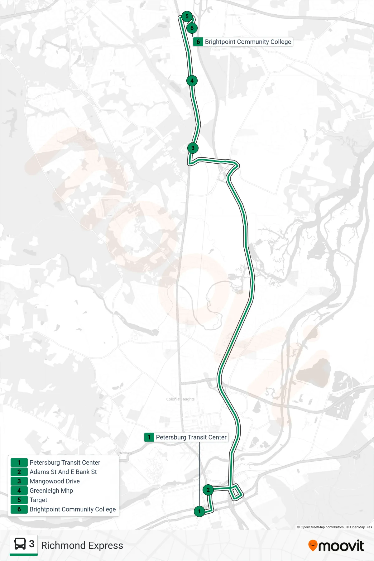 3 bus Line (Brightpoint College) route and stops on a map