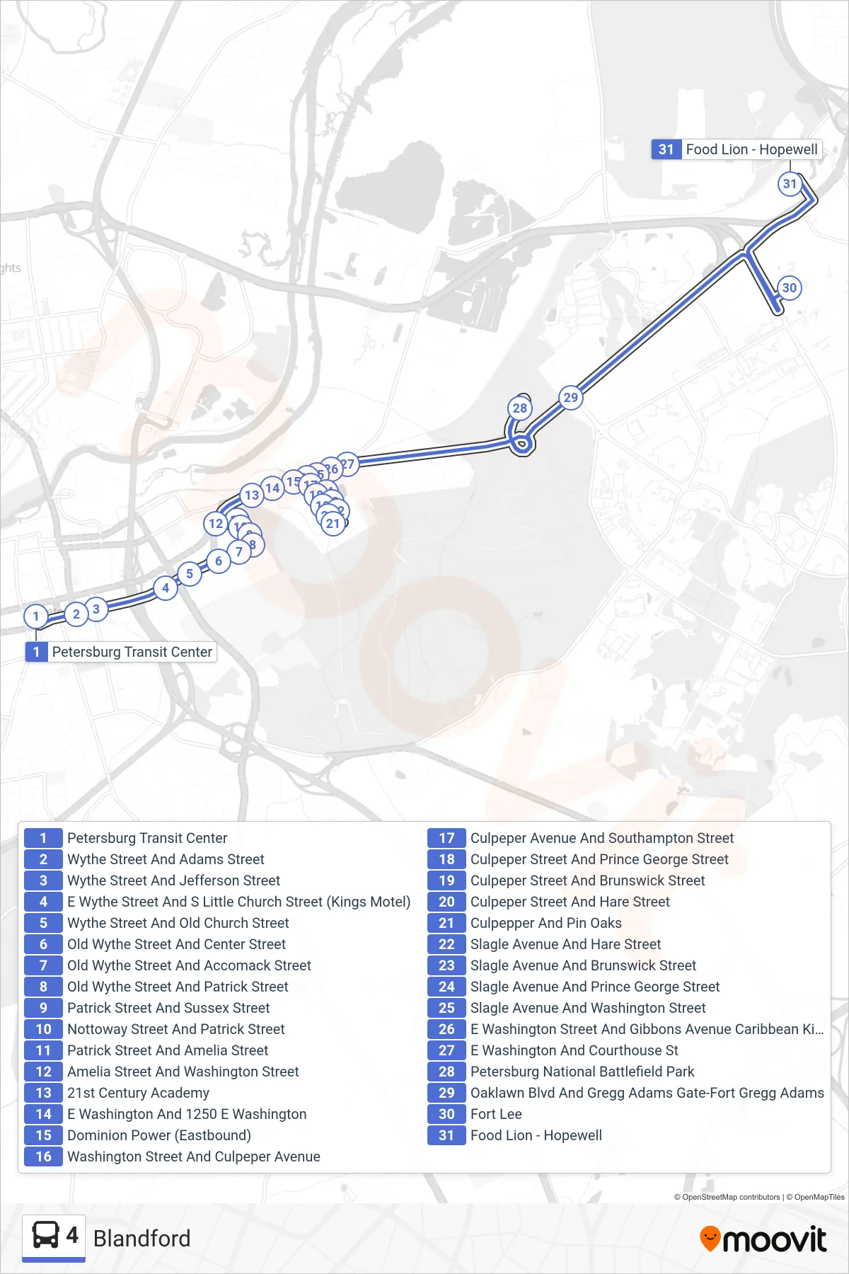 4 bus Line (Food Lion) route and stops on a map