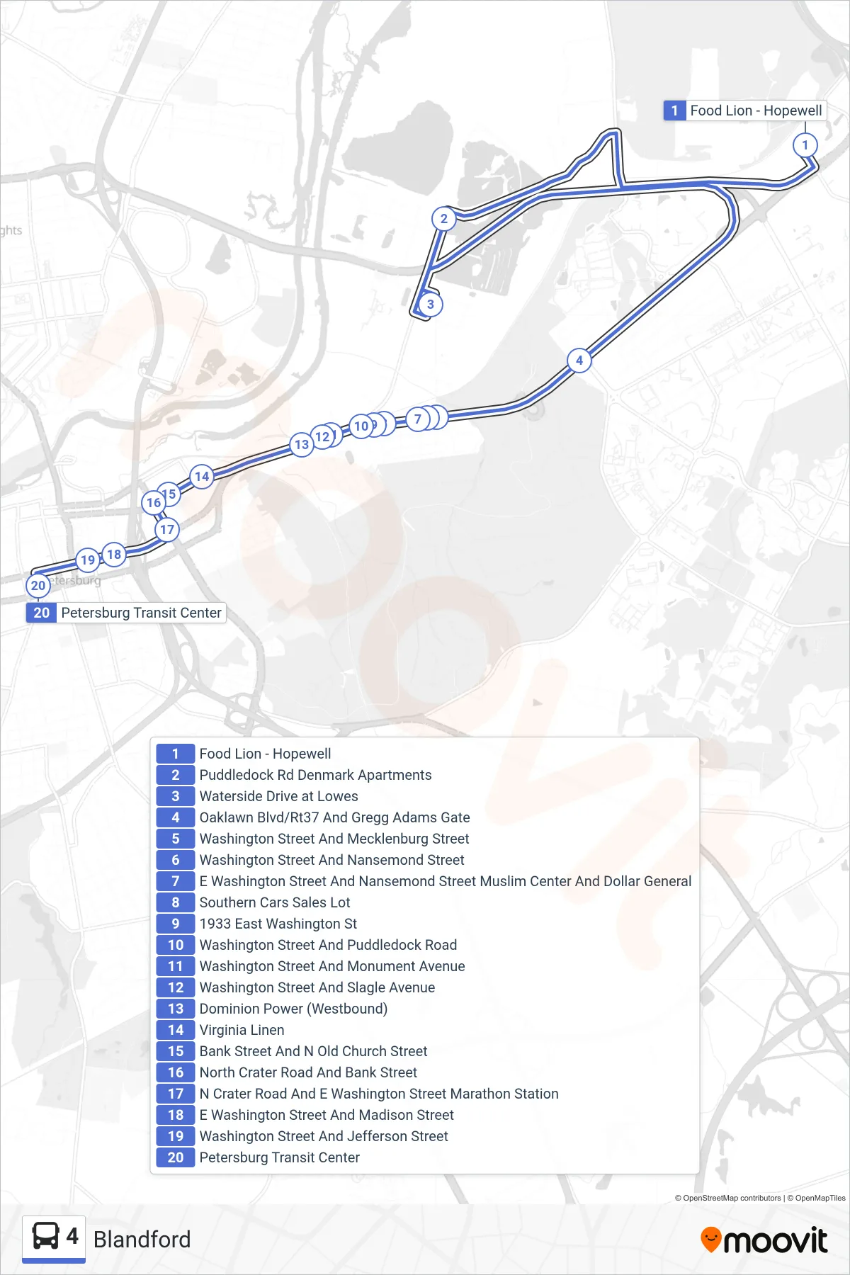 4 bus Line (Petersburg Station) route and stops on a map