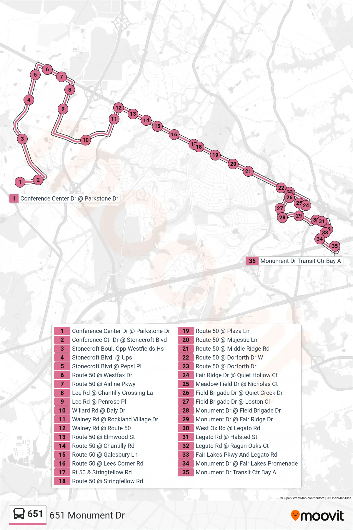 651 bus Line (651 Monument Dr) route and stops on a map