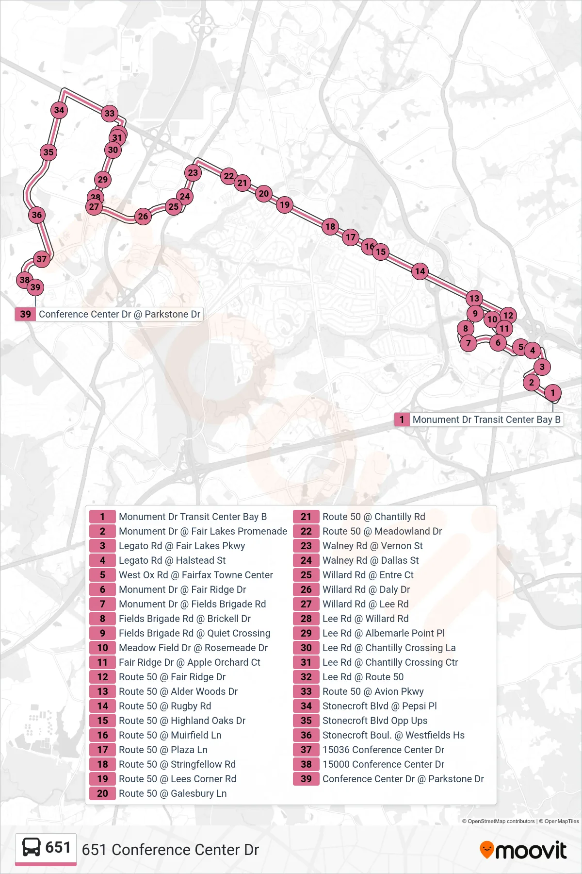 651 bus Line (651 Conference Center Dr) route and stops on a map