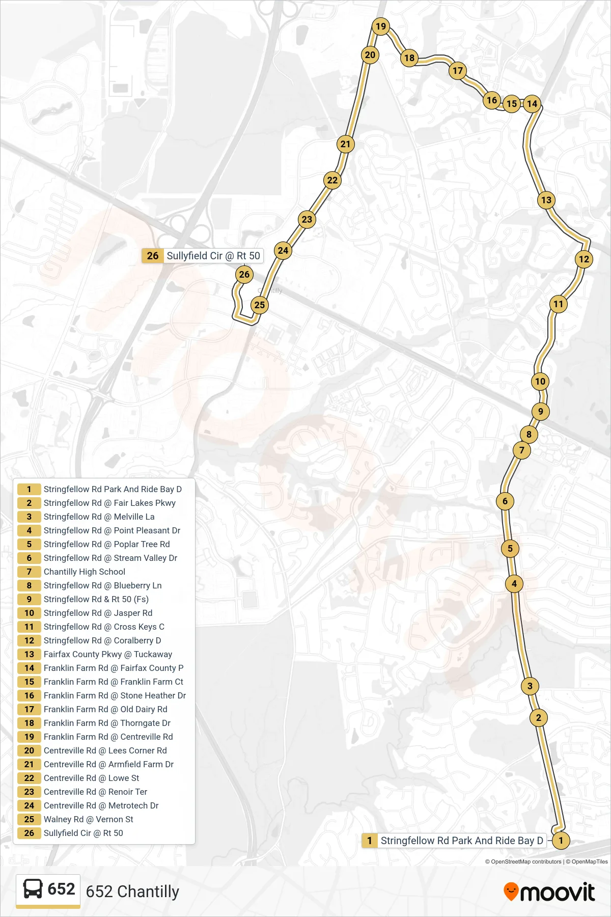 652 bus Line (652 Chantilly) route and stops on a map