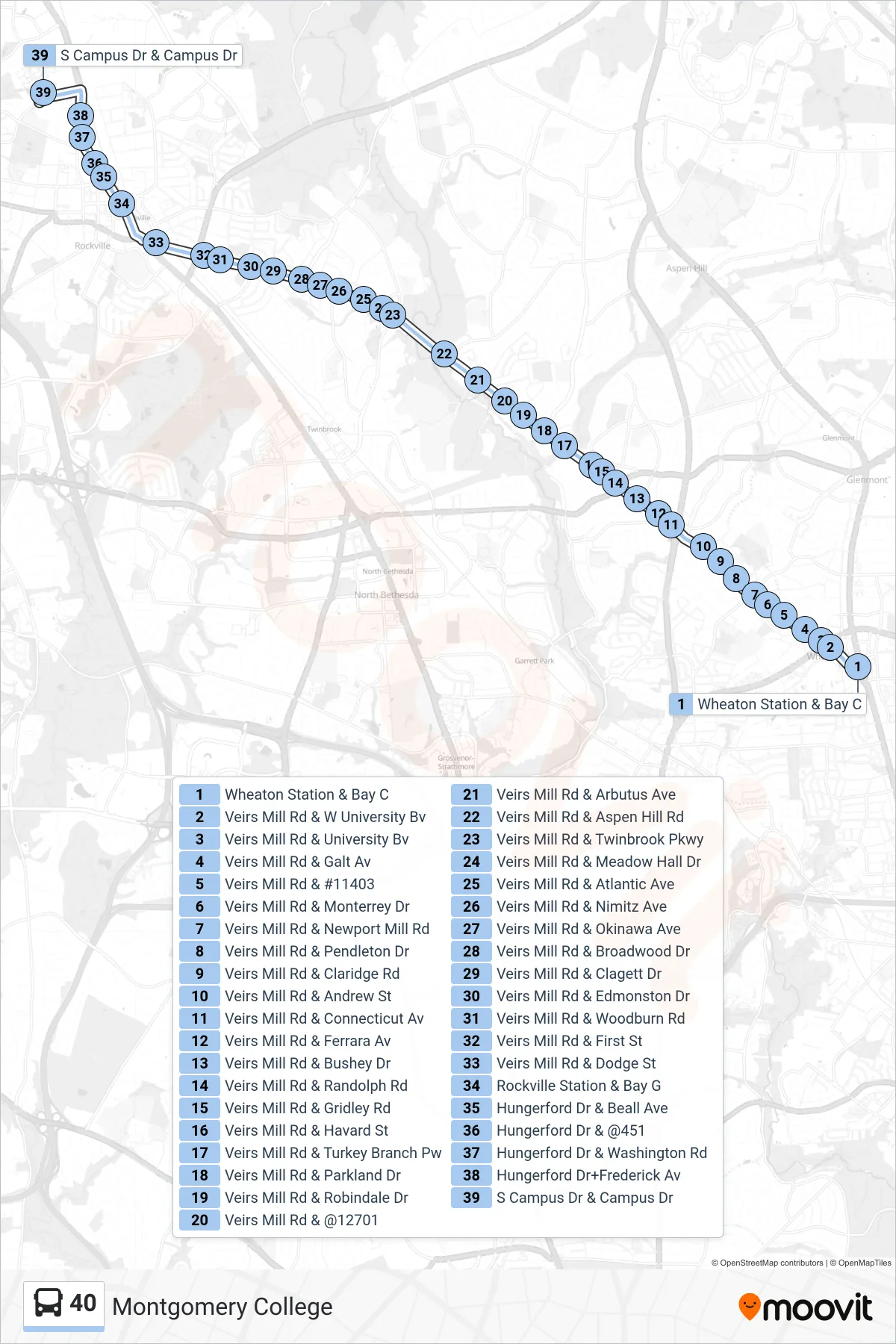 40 bus Line (Montgomery College) route and stops on a map