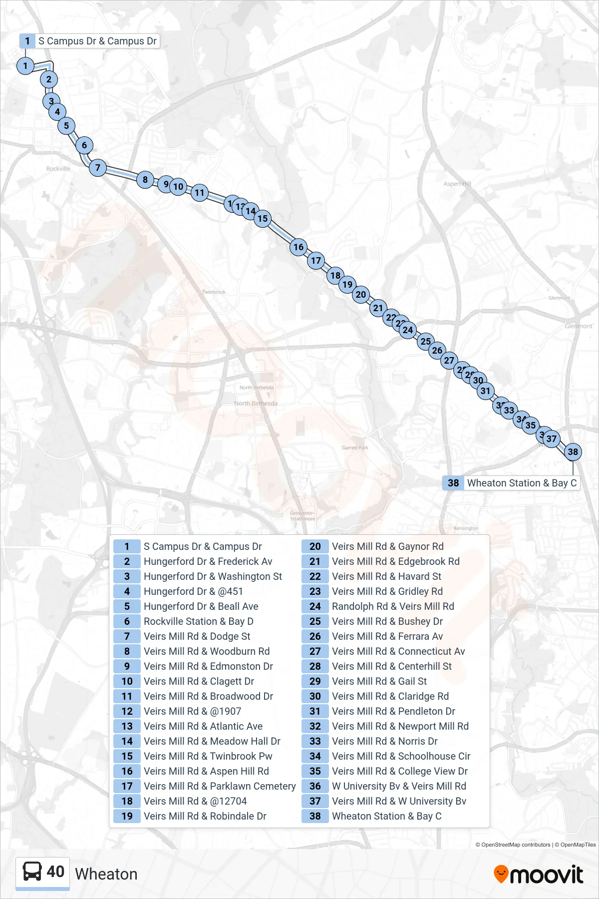40 bus Line (Wheaton) route and stops on a map